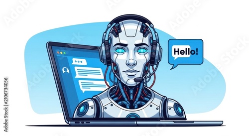 Robot with headphones and laptop, saying hello