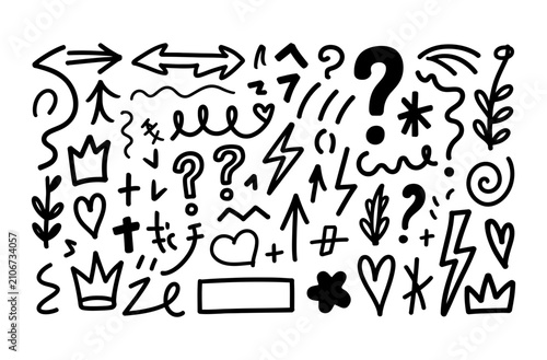 Hand Drawn Doodle Elements Collection. Sketch Arrows, Hearts, Crowns, Lightning, Question Marks, Abstract Shapes, Floral Leaves, Decorative Symbols and Scribble Icons. Vector Illustration