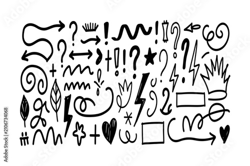 Hand Drawn Doodle Symbols Set. Sketch Arrows, Question Marks, Lightning Bolts, Hearts, Stars, Leaves, Abstract Scribbles, Decorative Shapes, Outline Icons and Design Elements. Vector Illustration