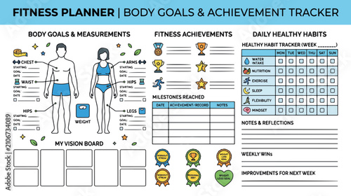 Fitness planner and body goals achievement tracker. Colorful flat design workout journal with vision board and habit tracker template. Health and wellness organizer vector illustration