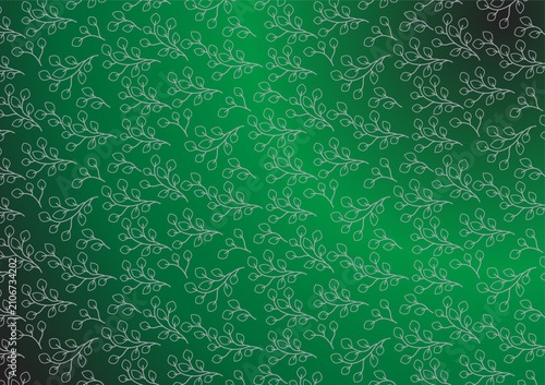 Elegant seamless botanical pattern hand-drawn leaf branches in white line art on a green gradient background.