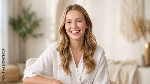 Naturally beautiful young woman with a radiant smile, confidently looking at the camera, embodying joy and positive energy in a bright, serene interior