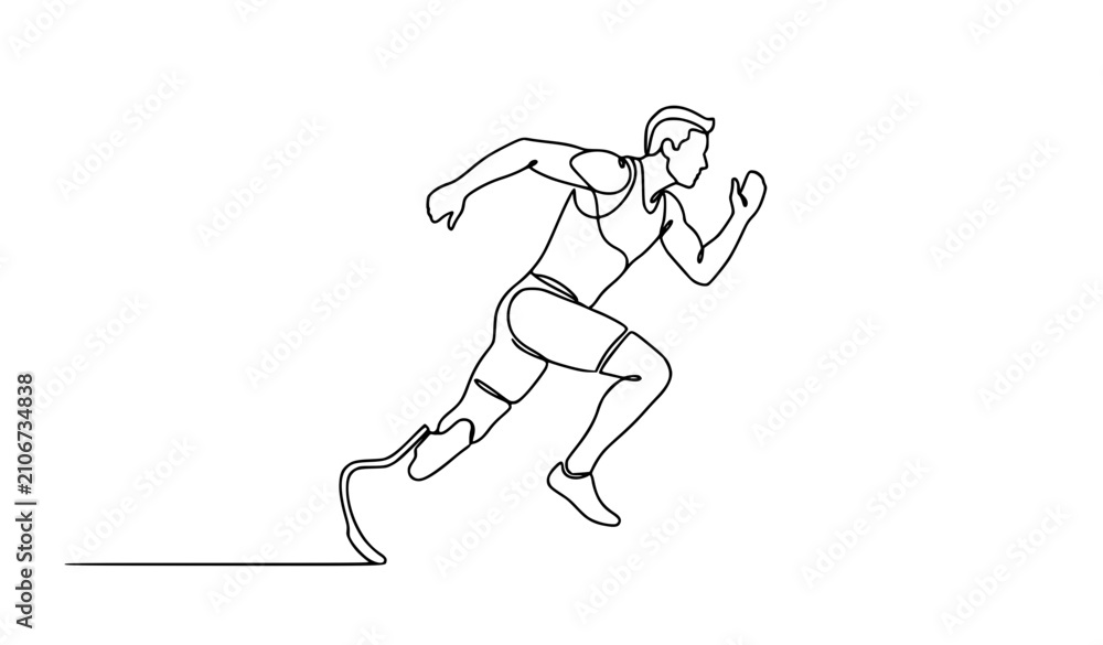 Fototapeta premium Prosthetic runner one line art vector illustration for disability sport and equality awareness