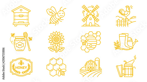 Bild auf Leinwand Farm and Bee Icons: Honey, Nature, and Country Life