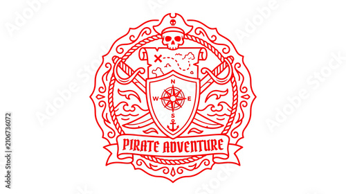 Cuadro en lienzo Red Pirate Emblem with Skull, Swords, and Map