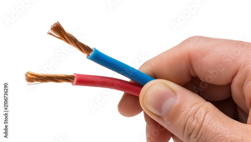 Obraz na płótnie Isolated human hand holding two stripped red and blue electrical wires with expo