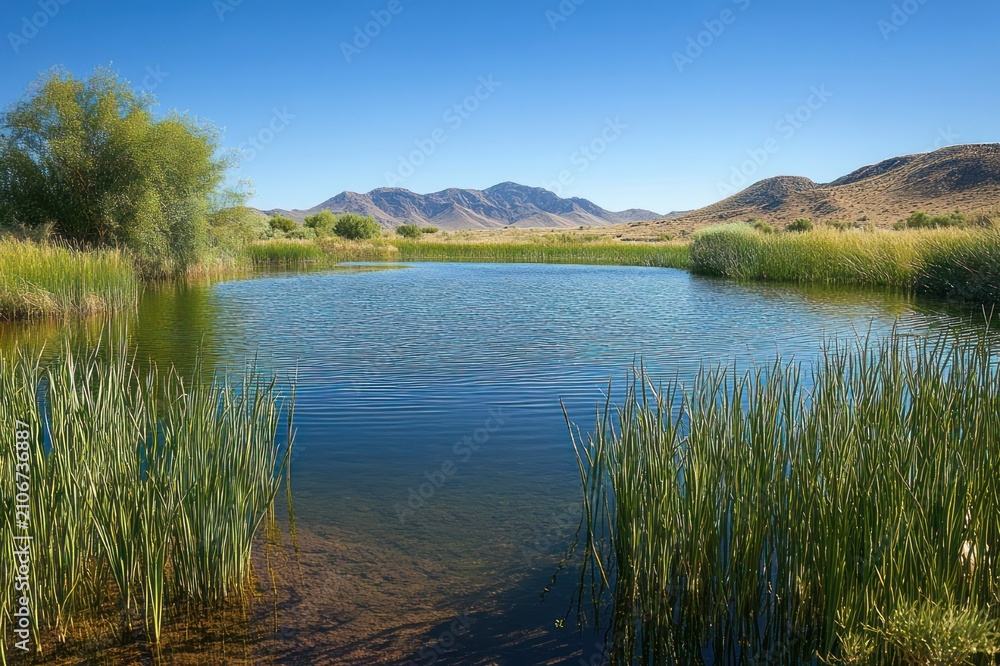 Obraz premium Tranquil mountain pond surrounded by tall reeds and grassy banks under a clear blue sky