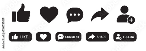 Social media interaction icon set with like comment share follow and user symbols isolated on white background