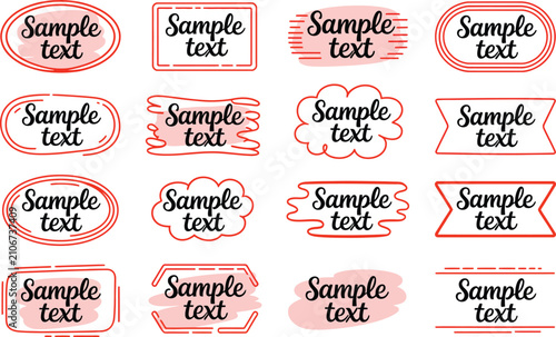 Decorative Text Label Frames Collection with Hand Drawn Badge Borders, Vintage Tags, Ribbon Shapes, Brush Highlights and Editable Caption Templates. Modern Vector Illustration Set