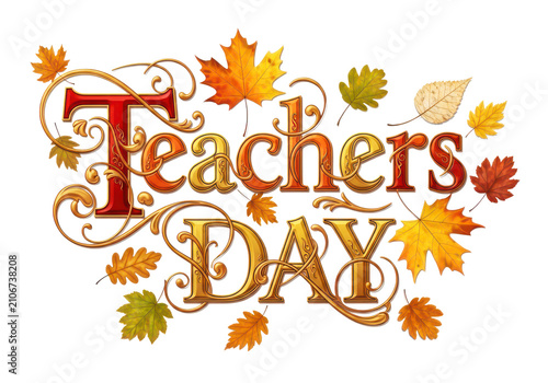 Happy teachers day decorative text with autumn leaves, golden letters, floral elements, fall season celebration, educational event greeting card.