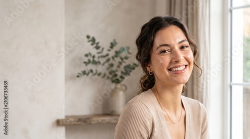 A Beautiful Young Woman with a Radiant Smile, Looking Directly at the Camera, Bathed in Soft Natural Light
