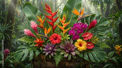 Exotic Rainforest Botanical Paradise With Vibrant Tropical Flowers