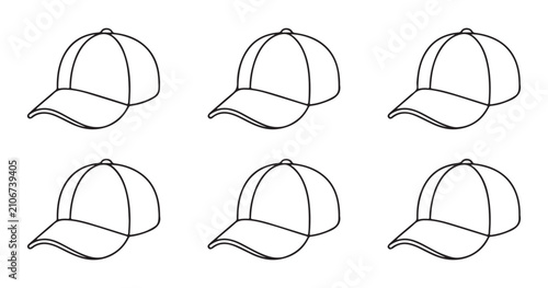 Bild auf Leinwand Minimalist baseball cap line art set showing six identical side profile icons for digital headwear design