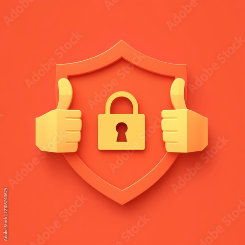 3D shield with central padlock and two thumbs-up hands conveying security, trust and confident approval