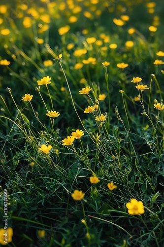 sunlit field of delicate yellow wildflowers with slender stems and green grass, soft bokeh background conveying a serene, joyful summer mood