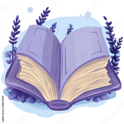 open purple book with creamy pages surrounded by lavender sprigs and soft blue bubbles, whimsical calm and dreamy mood