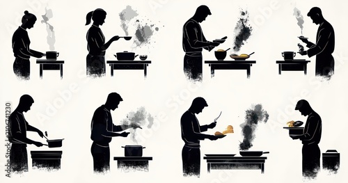 Nine silhouetted people cooking at stoves and tables, stirring pots, flipping pans and serving steaming dishes with focused calm domestic concentration