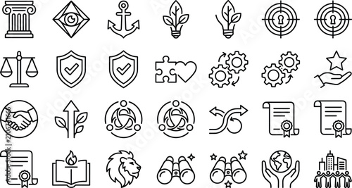 Canvastavla Corporate Core Values and Business Ethics Line Icon Set Featuring Trust Integrit