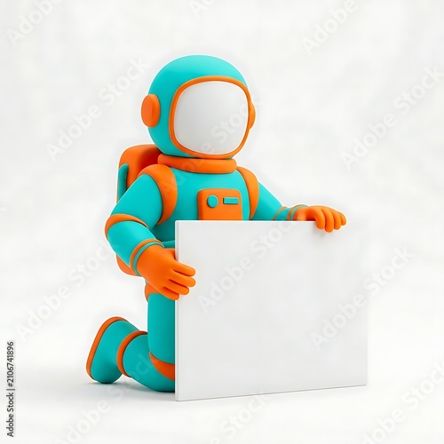 3D rendering of an astronaut character holding a blank white board, perfect for custom messages and space-themed designs