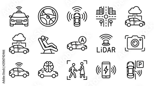 Technology icons for automotive and communication.