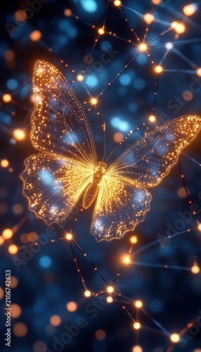 Luminous golden butterfly formed from glowing particles and interconnected light nodes against a soft blue bokeh background, evoking wonder and futuristic transformation