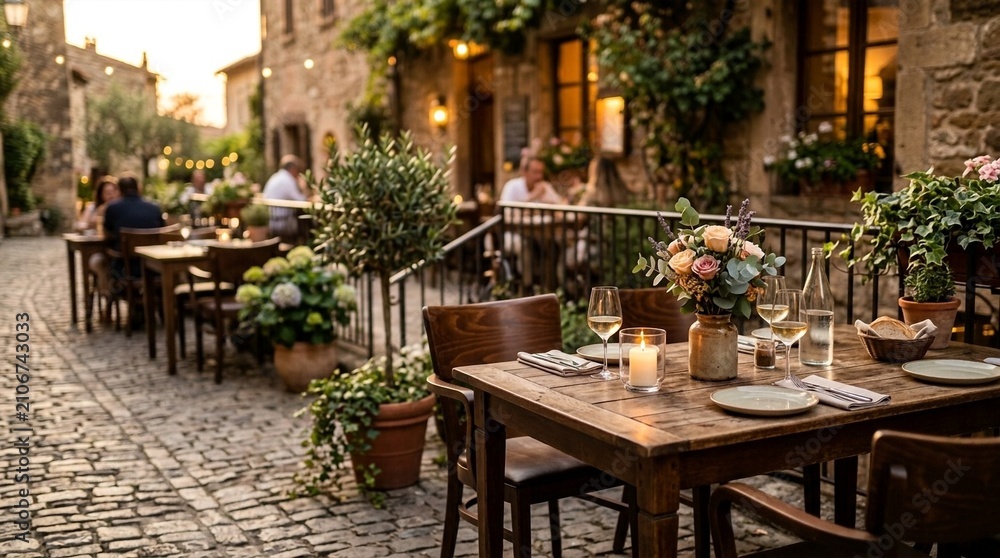 Obraz premium Charming European cafe courtyard at sunset, outdoor dining, cozy ambiance