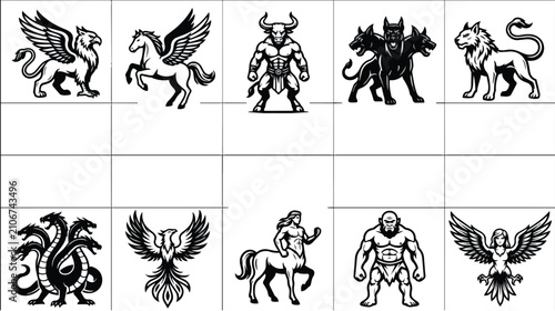 Fotografie Mythological creatures icon set, ancient greek monsters and legendary beasts, bl