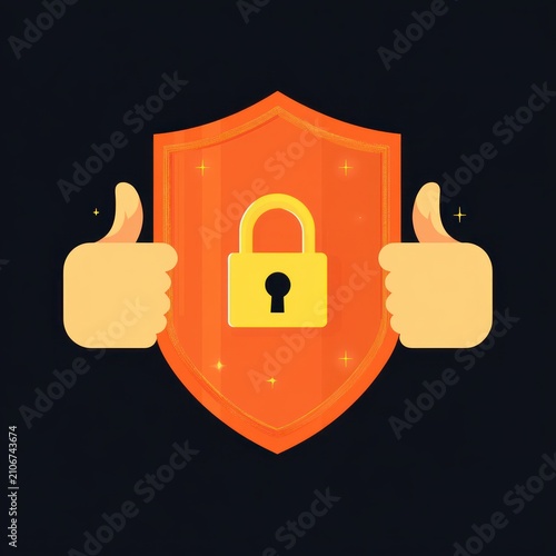 Two thumbs-up flanking an orange shield with a yellow padlock on a dark background, conveying safety, security, and trust