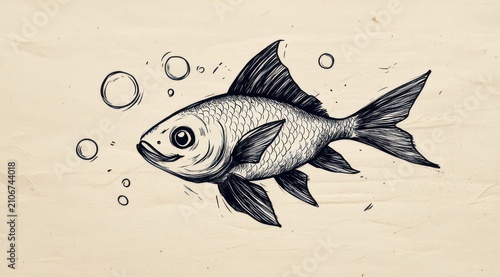 hand-drawn ink fish swimming with bubbles on aged textured paper, detailed scales and fins, calm whimsical expression
