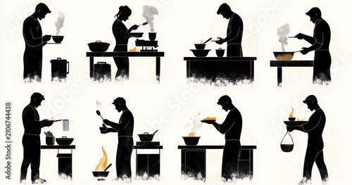 Nine silhouetted cooks at stoves and countertops using pots, pans, bowls and utensils with steam and orange flames, focused and industrious cooking scenes in a minimalist illustration