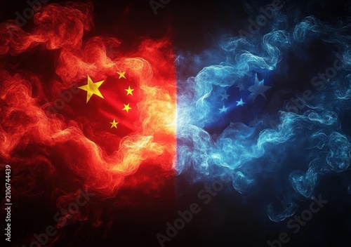 Dramatic red and blue swirling smoke forming Chinese flag stars and American flag stars against a dark background, tense confrontation
