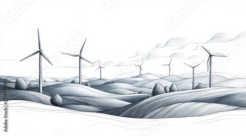 tranquil sketch of rolling hills dotted with wind turbines, scattered trees and soft clouds