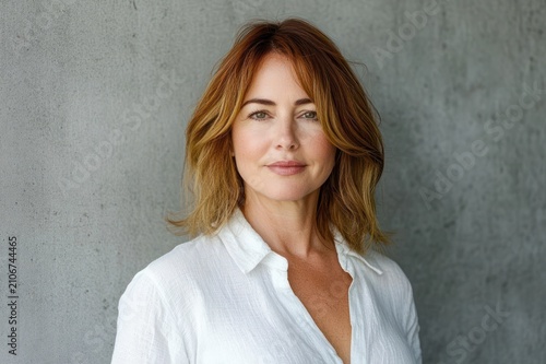 head-and-shoulders portrait of a person with shoulder-length blonde hair wearing a white shirt against a gray concrete wall, calm and contemplative mood, face blurred