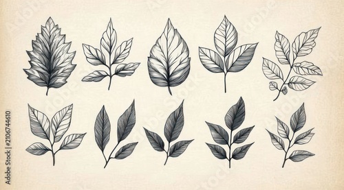 Twelve detailed hand-drawn botanical leaf sketches on textured beige paper, delicate ink linework and shading conveying calm, contemplative natural study