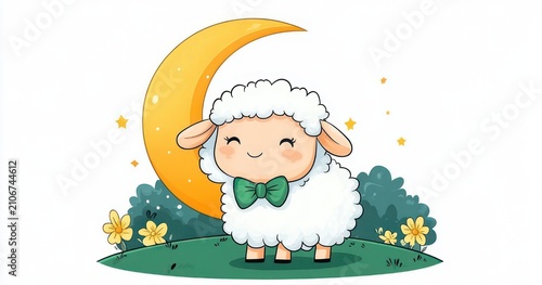 smiling fluffy lamb with green bow tie on grassy hill under crescent moon and stars surrounded by yellow flowers and bushes, peaceful bedtime scene