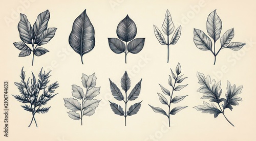 twelve monochrome hand-drawn leaf illustrations arranged in two neat rows on a cream background, delicate vintage botanical sketches conveying calm and meticulous study