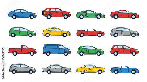 Collection of various colorful cartoon cars.