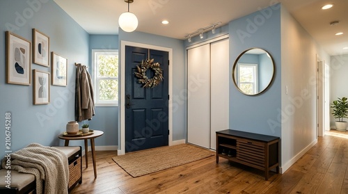 Cozy Blue Foyer with Wood Accents, Entryway Bench, and Dark Blue Door