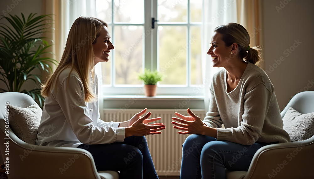 Fototapeta premium Two women conversing happily in a cozy living room setting with natural light 