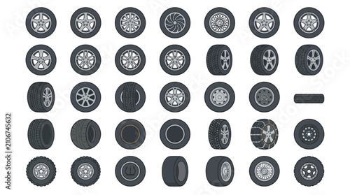 Collection of various car wheels.