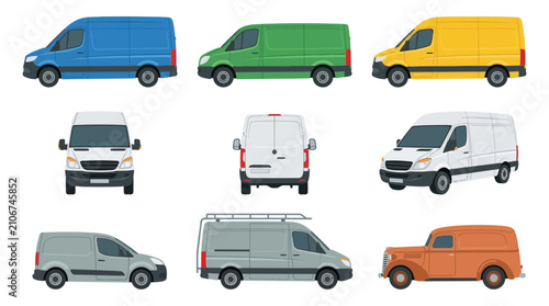 Variety of colored delivery vans side.