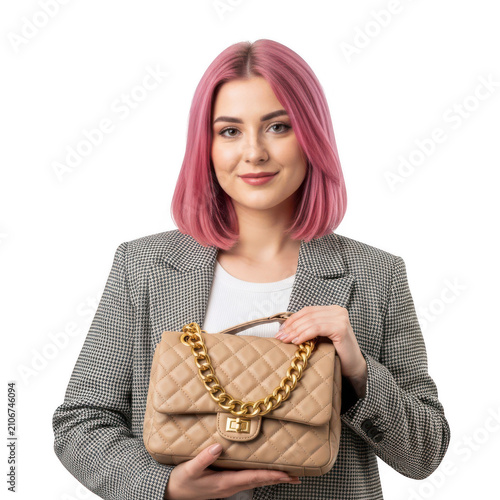 Woman holding a patterned handbag with a confident pose