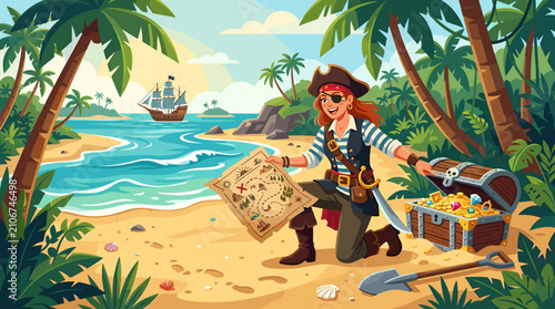 Pirate treasure hunt adventure background with woman captain holding treasure map
