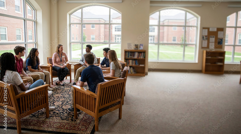 Fototapeta premium Diverse group of students and an adult engaging in a discussion in a bright spacious common room with large windows.
