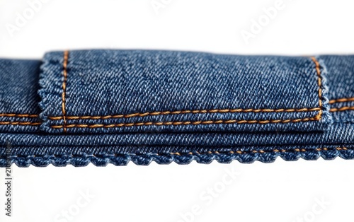 close-up of blue denim jeans seam, pocket edge and belt loop with orange stitching on a clean white background, evoking precision and craftsmanship