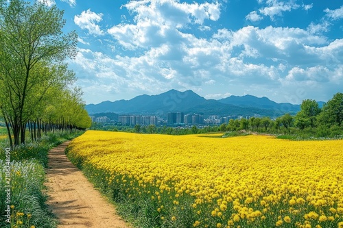 Sunlit dirt path beside a row of trees leading past a vast yellow flower field toward distant city buildings and blue mountains under a bright sky, evoking peaceful joy