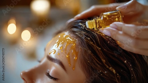 close-up of a hand pouring golden oil from a small bottle onto wet hair at a candlelit spa, soothing scalp treatment and pampering relaxation