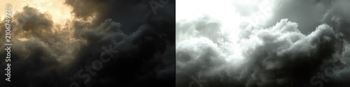 Split dramatic sky diptych with storm clouds — left panel warm golden light breaking through dark turbulent clouds, right panel high-contrast monochrome clouds, intense moody atmosphere