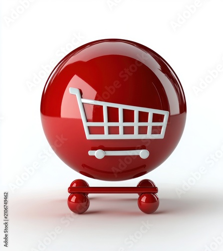 glossy red sphere with a white shopping cart icon mounted on a small four-wheel platform on a clean white background, playful modern ecommerce concept