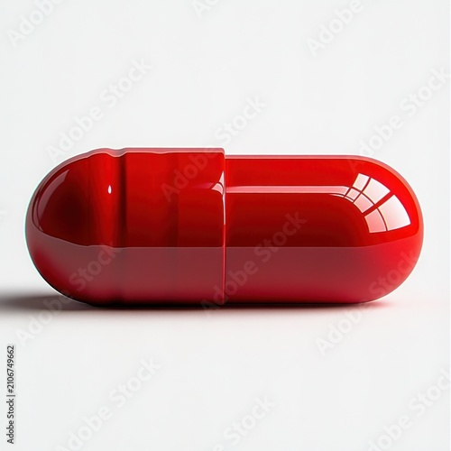 single glossy red capsule pill on white surface with reflective highlights and soft shadow, evoking a clean, clinical, minimalist mood